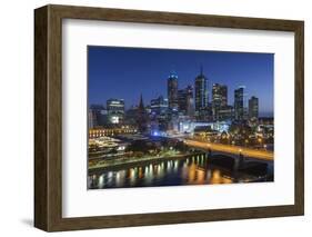 Australia, Victoria, Melbourne, Skyline with River and Bridge at Dusk-Walter Bibikow-Framed Photographic Print