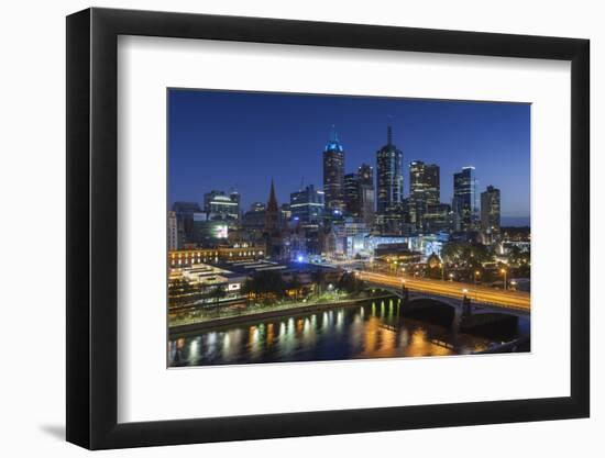 Australia, Victoria, Melbourne, Skyline with River and Bridge at Dusk-Walter Bibikow-Framed Photographic Print