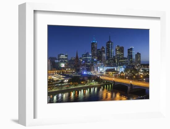 Australia, Victoria, Melbourne, Skyline with River and Bridge at Dusk-Walter Bibikow-Framed Photographic Print