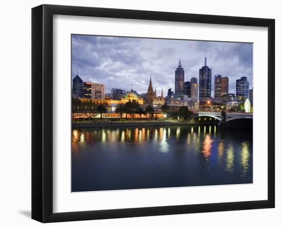 Australia, Victoria, Melbourne; Yarra River and City Skyline by Night-Andrew Watson-Framed Photographic Print