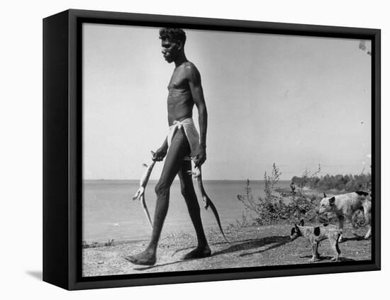 Australian Aborigine Man Bringing Back Two Monitor Lizards Known as Goannas to His Clan-Fritz Goro-Framed Stretched Canvas