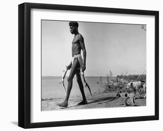 Australian Aborigine Man Bringing Back Two Monitor Lizards Known as Goannas to His Clan-Fritz Goro-Framed Photographic Print