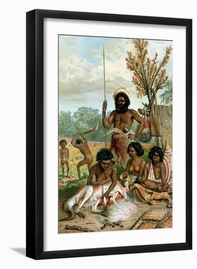 Australian Aborigines Butchering a Kangaroo, 1885-1888-null-Framed Giclee Print