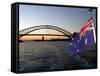 Australian Flag and Sydney Harbor Bridge at Dusk, Sydney, Australia-David Wall-Framed Stretched Canvas