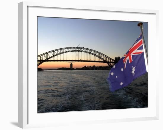 Australian Flag and Sydney Harbor Bridge at Dusk, Sydney, Australia-David Wall-Framed Photographic Print