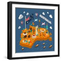 Australian Touristic Isometric Map with National Cuisine Landmarks Wildlife Popular Sport and Surfe-Macrovector-Framed Art Print