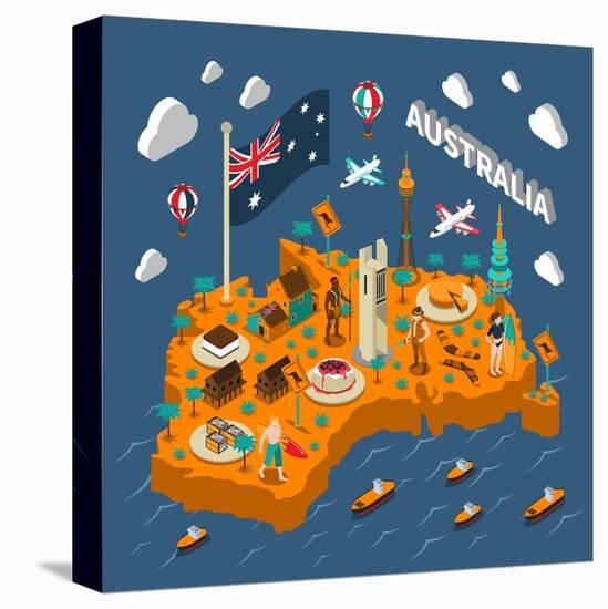 Australian Touristic Isometric Map with National Cuisine Landmarks Wildlife Popular Sport and Surfe-Macrovector-Stretched Canvas