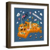 Australian Touristic Isometric Map with National Cuisine Landmarks Wildlife Popular Sport and Surfe-Macrovector-Framed Art Print