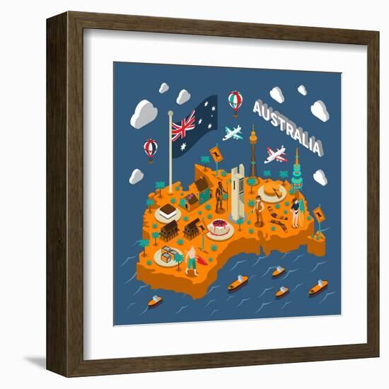 Australian Touristic Isometric Map with National Cuisine Landmarks Wildlife Popular Sport and Surfe-Macrovector-Framed Art Print