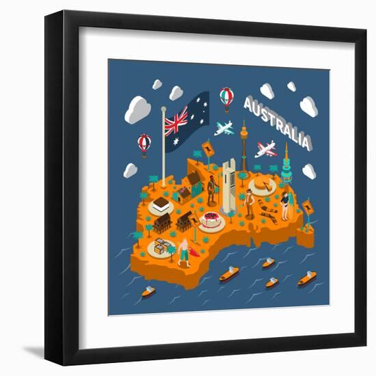 Australian Touristic Isometric Map with National Cuisine Landmarks Wildlife Popular Sport and Surfe-Macrovector-Framed Art Print