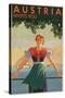 Austria Invites You! 1934 Travel Poster Shows Young Woman in Front of Village and Mountains-null-Stretched Canvas