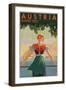 Austria Invites You! 1934 Travel Poster Shows Young Woman in Front of Village and Mountains-null-Framed Art Print