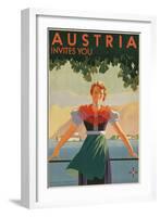 Austria Invites You! 1934 Travel Poster Shows Young Woman in Front of Village and Mountains-null-Framed Art Print