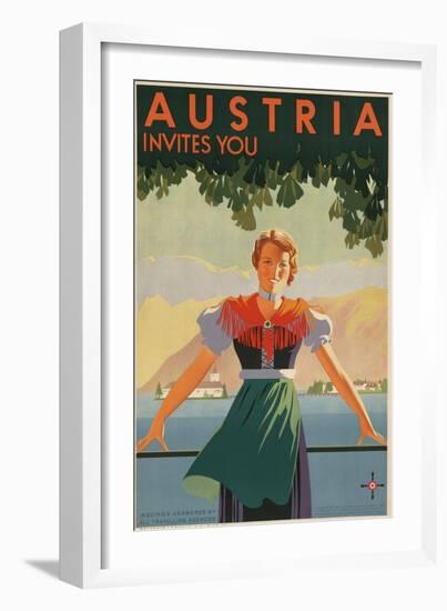 Austria Invites You! 1934 Travel Poster Shows Young Woman in Front of Village and Mountains-null-Framed Art Print