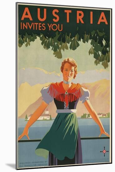 Austria Invites You! 1934 Travel Poster Shows Young Woman in Front of Village and Mountains-null-Mounted Art Print