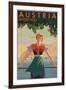 Austria Invites You! 1934 Travel Poster Shows Young Woman in Front of Village and Mountains-null-Framed Art Print