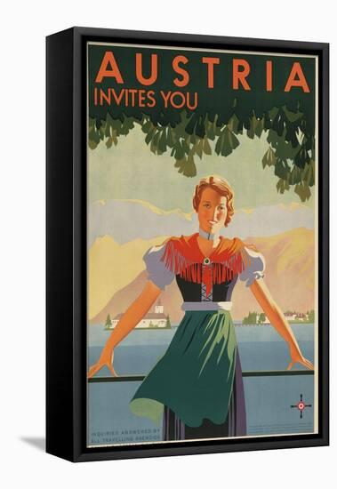 Austria Invites You! 1934 Travel Poster Shows Young Woman in Front of Village and Mountains-null-Framed Stretched Canvas