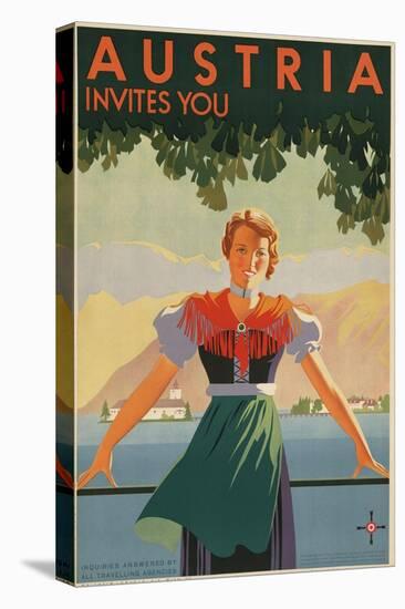 Austria Invites You! 1934 Travel Poster Shows Young Woman in Front of Village and Mountains-null-Stretched Canvas