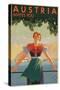 Austria Invites You! 1934 Travel Poster Shows Young Woman in Front of Village and Mountains-null-Stretched Canvas