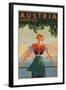 Austria Invites You! 1934 Travel Poster Shows Young Woman in Front of Village and Mountains-null-Framed Art Print