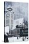 Austria, Salzkammergut, Hallstatt Church with Snow-Walter Bibikow-Stretched Canvas