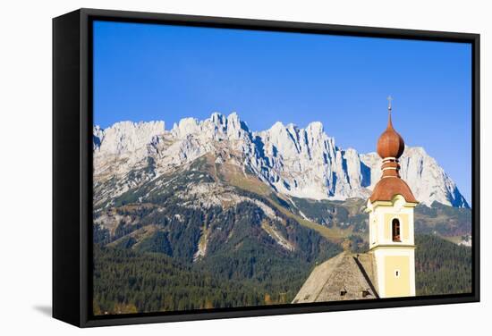 Austria, Tyrol, Going, Steeple, Mountains, Wilder Kaiser-Frank Lukasseck-Framed Stretched Canvas