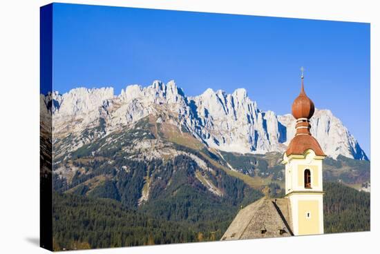 Austria, Tyrol, Going, Steeple, Mountains, Wilder Kaiser-Frank Lukasseck-Stretched Canvas