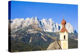 Austria, Tyrol, Going, Steeple, Mountains, Wilder Kaiser-Frank Lukasseck-Stretched Canvas