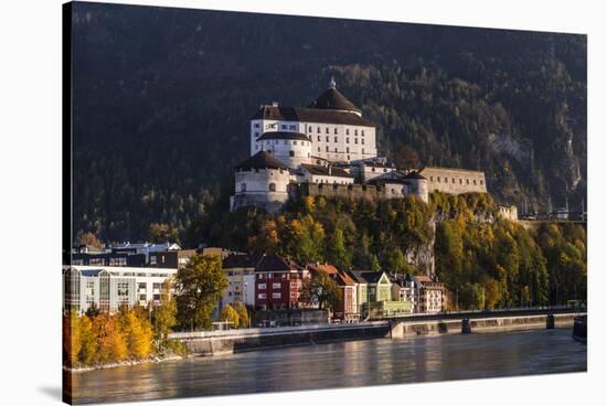 Austria, Tyrol, Kaiser Mountains, Inntal, Kufstein, Inn with Kufstein Fortress in Autumn-Udo Siebig-Stretched Canvas