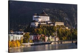 Austria, Tyrol, Kaiser Mountains, Inntal, Kufstein, Inn with Kufstein Fortress in Autumn-Udo Siebig-Stretched Canvas