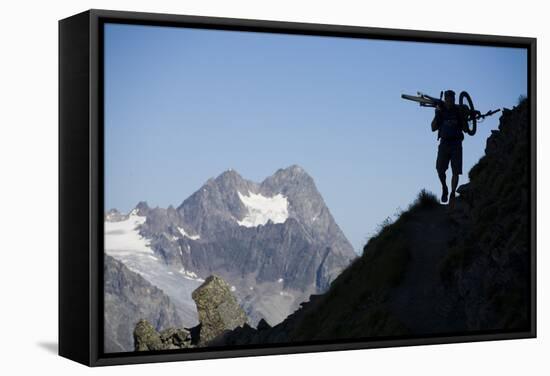 Austria, Tyrol, …tztaler Alpen, Wildspitze, Summit, Man, Mountainbike, Carries-Rainer Mirau-Framed Stretched Canvas