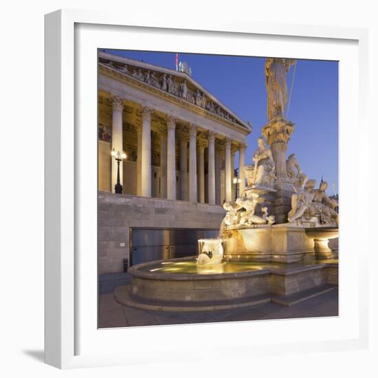 Austria, Vienna, 1st District, Parliament, Pallas Athene Statue, Dusk-Rainer Mirau-Framed Photographic Print