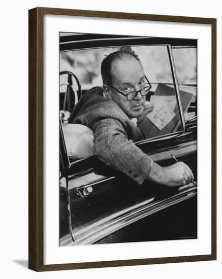 Author Vladimir Nabokov Writing in His Car. He Likes to Work in the Car, Writing on Index Cards-Carl Mydans-Framed Premium Photographic Print