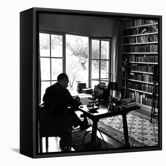 Author W. Somerset Maugham Sitting at Desk in the Study of His Villa Mauresque-null-Framed Stretched Canvas