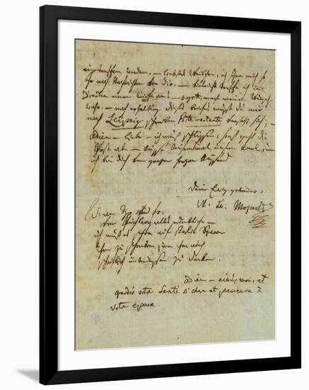 Autograph Letter Signed by Wolfgang Amadeus Mozart (1756-1791) and Sent to His Wife Constanze,…-null-Framed Giclee Print