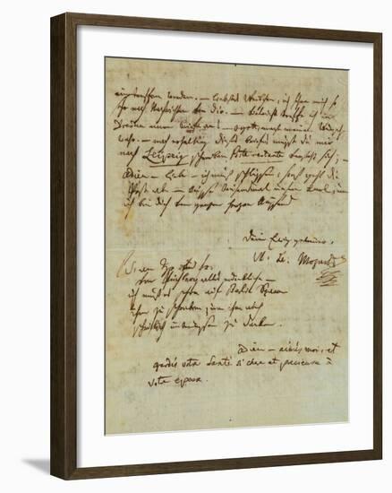 Autograph Letter Signed by Wolfgang Amadeus Mozart (1756-1791) and Sent to His Wife Constanze,…-null-Framed Giclee Print