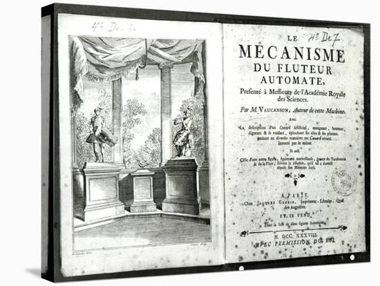 Automatons, Le Mecanisme du Fluteur Automate by Jacques de Vaucanson, Engraved Vivares-Hubert Gravelot-Stretched Canvas