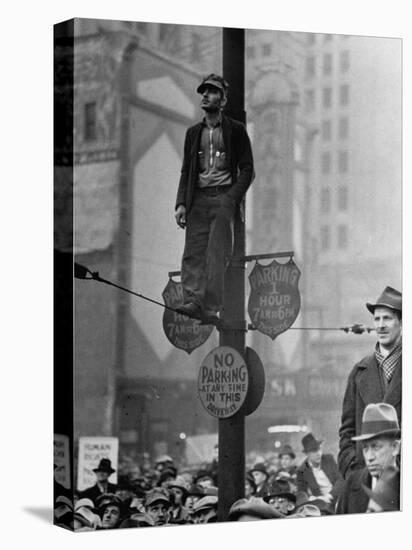 Automotive Union Member Watches from Private Perch During Mass Strike Demonstration-William Vandivert-Stretched Canvas