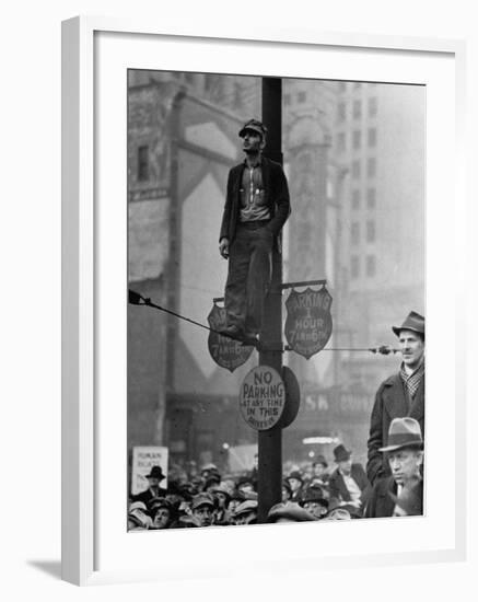 Automotive Union Member Watches from Private Perch During Mass Strike Demonstration-William Vandivert-Framed Photographic Print