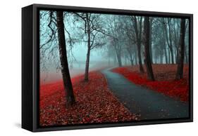 Autumn Alley in the Fog - Gothic Autumn Landscape in Cloudy Weather with Bare Red Trees along Alley-null-Framed Stretched Canvas