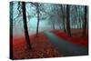 Autumn Alley in the Fog - Gothic Autumn Landscape in Cloudy Weather with Bare Red Trees along Alley-null-Stretched Canvas