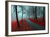 Autumn Alley in the Fog - Gothic Autumn Landscape in Cloudy Weather with Bare Red Trees along Alley-null-Framed Photographic Print