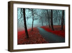 Autumn Alley in the Fog - Gothic Autumn Landscape in Cloudy Weather with Bare Red Trees along Alley-null-Framed Photographic Print