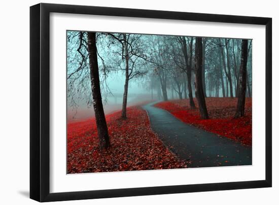 Autumn Alley in the Fog - Gothic Autumn Landscape in Cloudy Weather with Bare Red Trees along Alley-null-Framed Photographic Print