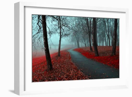 Autumn Alley in the Fog - Gothic Autumn Landscape in Cloudy Weather with Bare Red Trees along Alley-null-Framed Photographic Print