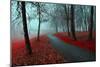 Autumn Alley in the Fog - Gothic Autumn Landscape in Cloudy Weather with Bare Red Trees along Alley-null-Mounted Photographic Print