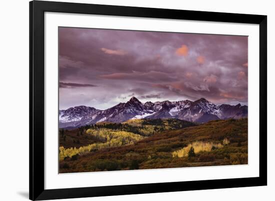 Autumn, aspen trees and Sneffels Range at sunset, Mount Sneffels Wilderness. Colorado-Adam Jones-Framed Photographic Print