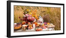 Autumn Bouquet of Beautiful Flowers and Berries in a Pumpkin on Wooden Table in the Garden. Concept-Julia Nikulchenkova-Framed Photographic Print