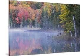 Autumn colors and mist on Council Lake at sunrise, Hiawatha National Forest, Michigan.-Adam Jones-Stretched Canvas