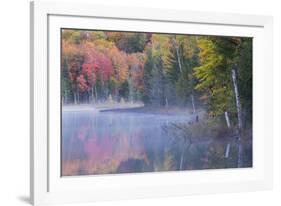 Autumn colors and mist on Council Lake at sunrise, Hiawatha National Forest, Michigan.-Adam Jones-Framed Photographic Print